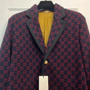 Gucci Blue Wool Coat with Red GG Lettering